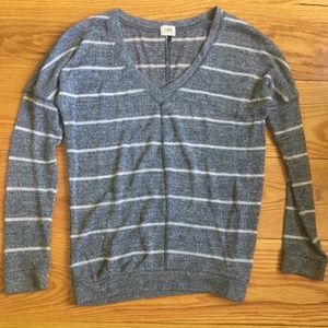 Lightweight grey and white striped V neck sweater